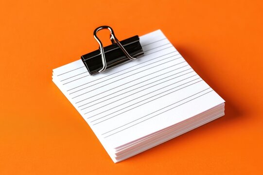 stack of lined index cards secured with a black binder clip on a vibrant orange background, conveying organization and focus