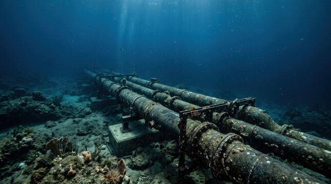 Underwater Pipeline System on Seabed with Sunlight Rays.