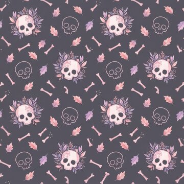 Charming Halloween skull pattern with floral accents and scattered bones on dark grey background for macabre and gothic themed crafts and apparel.