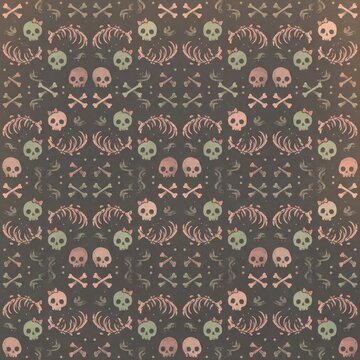 Halloween pattern with cute skulls bones and skeletons on dark background for textile and wallpaper.