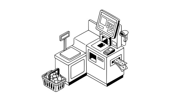 Self Service Supermarket Checkout Cash Machine Scanner Isometric Vector