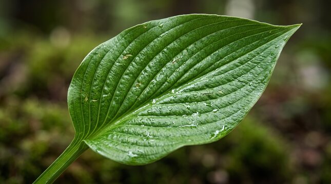 Macro Close-up of Wet Green Hosta Leaf with Water Droplets