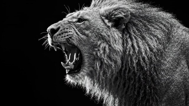 Male lion roaring in profile view