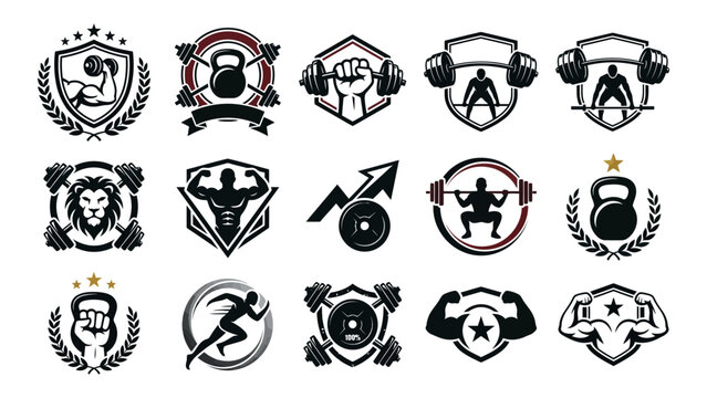 Graphic set of bodybuilding insignias. Vector weights with powerlifting athlete icons. Sport emblem design elements.