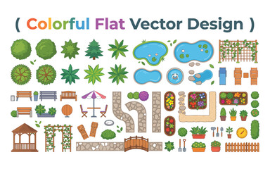 Naklejka premium Colorful flat vector design featuring garden elements and landscaping features