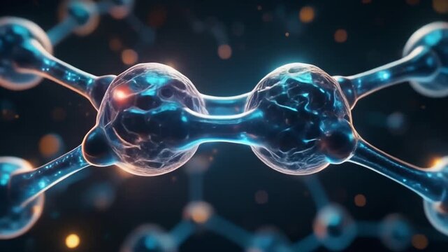 Macro biological visualization of two nano forms magnetically attracting and bonding on a dark background