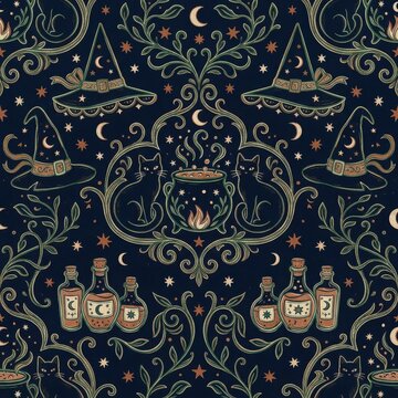 Mystical Halloween seamless pattern with witch hats cats cauldrons and potions in dark blue and green colors.