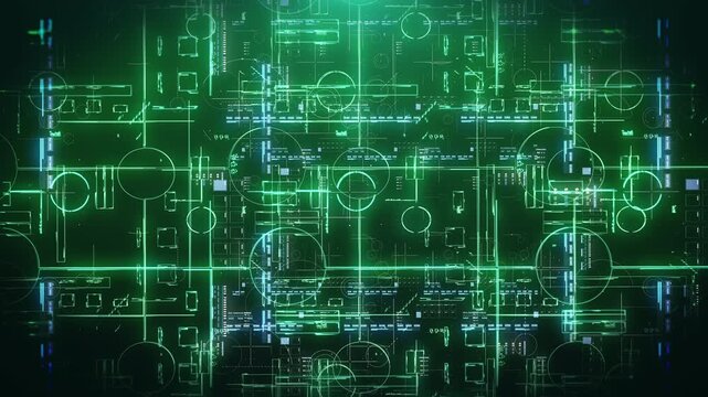 Motion Graphic of  Data Matrix Simulation with Futuristic HUD Screen on AI Background. Hi-Tech Digital Dot Line Particle Grid for Future Sci-Fi Video Material and Technology Data Visualization.