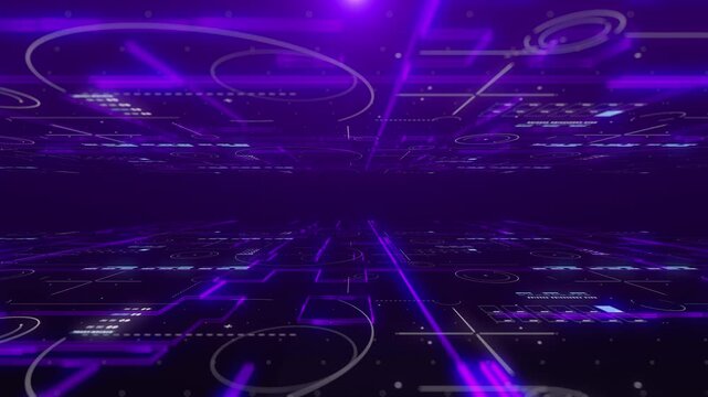 Digital Grid Floor Moving Forward in Infinite Cyberspace with Glowing Particles. High Tech Visualization of Data Streaming, Futuristic Networking, and Cyber Security.