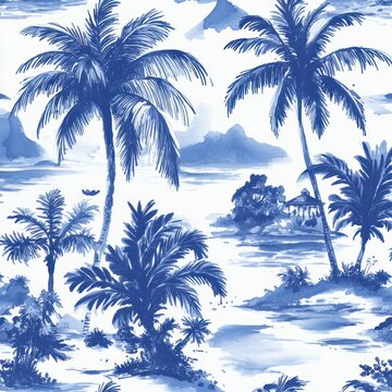 blue watercolor tropical seascape with tall palm trees, clusters of tropical foliage, a small island pavilion, distant mountains and a calm reflective sea, serene and idyllic
