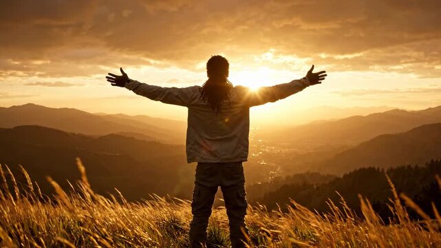 Man spreading arms at sunset in mountain landscape