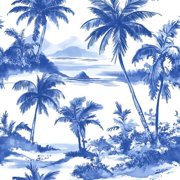 Serene blue watercolor tropical seascape with tall palm trees, lush coastal foliage, sandy shoreline and distant islands on a calm horizon