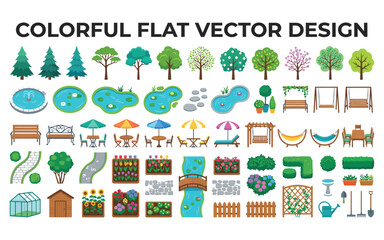 Fototapeta premium Collection of colorful flat vector illustrations depicting garden and park elements