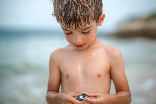 wet bare-chested child at the beach holding a small blue toy, quiet curious mood on a sunlit summer day