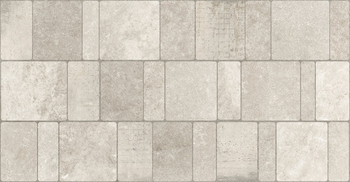 Modern beige stone tile texture, seamless light grey granite pavement pattern, architectural masonry wall background for 3D rendering