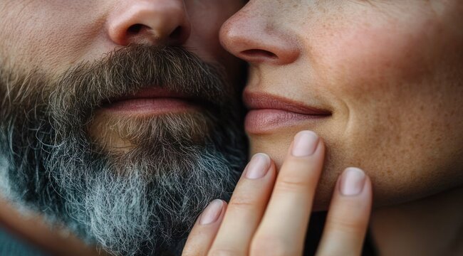 close-up of lower face with full gray beard and mustache, lips and nose visible, hand touching beard, calm thoughtful expression with a partial blurred rectangle overlay