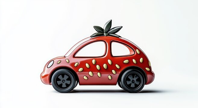 playful red toy car designed like a strawberry with green leaves and yellow seeds, black wheels and glossy finish on white background, whimsical miniature vehicle casting a soft shadow