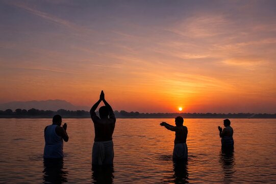 Silhouetted devotees offering pitru paksha prayers in river at sunrise