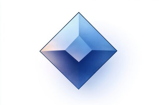 Faceted blue diamond-shaped 3D geometric gem with central inset square, soft gradients and subtle warm highlight on a clean white background, calm minimal elegance