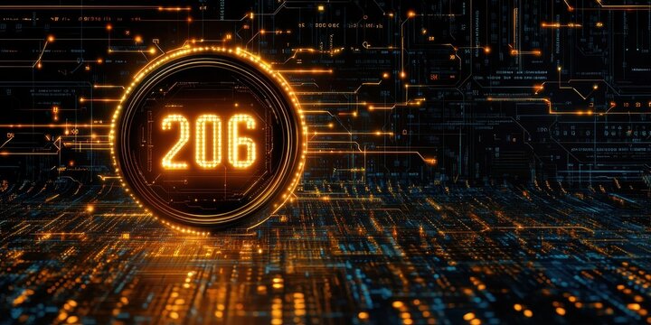 Glowing orange digital counter displaying '206' on a futuristic circuit board with neon traces and a pulsing high-tech atmosphere