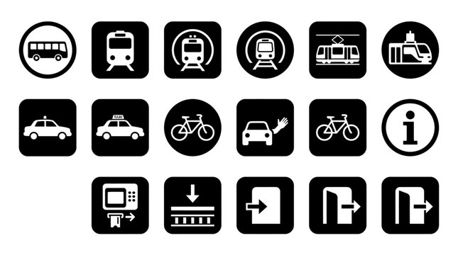 Public transport icons set, 17 black transit symbols, urban travel vector sign collection