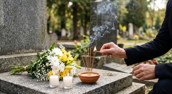 Man lighting incense sticks at grave with flowers and candles. Mourning and remembrance ritual at cemetery. Honoring memory of deceased loved one. Funeral tradition concept.