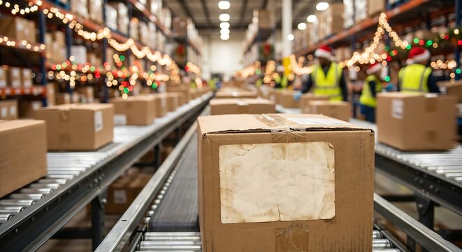 Cardboard box on conveyor belt in warehouse with workers in santa hats. Christmas delivery and parcel sorting concept. Festive logistics during holiday shopping season.