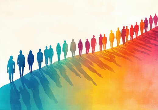 colorful line of walking human silhouettes on a diagonal gradient with long shadows conveying movement, unity and forward progression