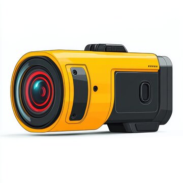 bright yellow compact action camera with large wide lens and black accents, sleek modern design conveying adventure and energetic curiosity
