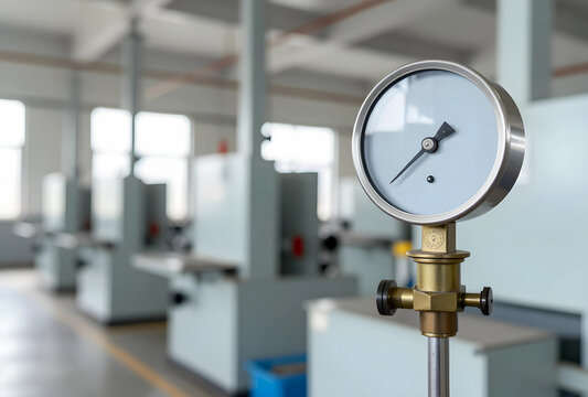 Industrial pressure monitoring and manufacturing efficiency, analog gauge measuring system performance in a modern factory production facility