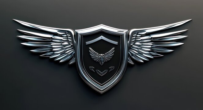 polished chrome winged shield emblem with small bird motif and chevrons on dark background conveying strength and prestige