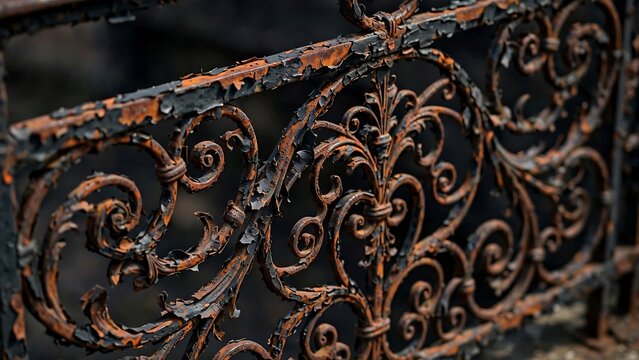 Worn iron fence featuring detailed ornate scrollwork and heavy peeling rust