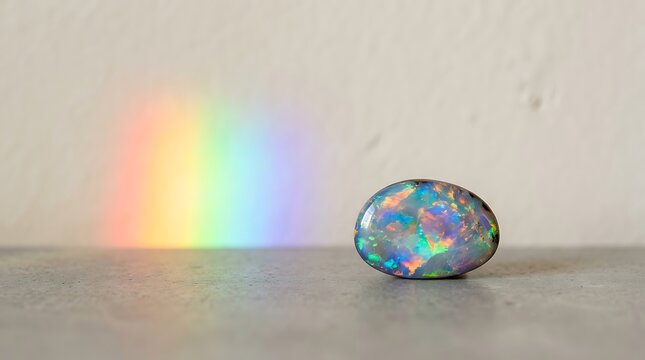 Polished oval opal gemstone beside a vertical rainbow light refraction