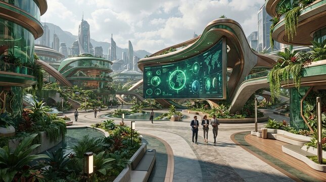 Futuristic Cityscape with Green Architecture: A breathtaking view of a futuristic city characterized by advanced architecture seamlessly integrated with lush greenery.