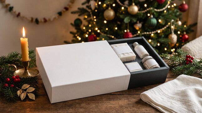 Luxury hotel soap gift set in white box with Christmas tree and candle background