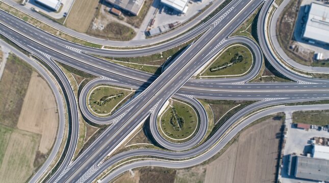 Aerial view of a complex highway interchange with multiple lanes and cloverleaf ramps