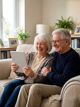 Happy Grandparents Day Celebration With Elderly Couple Using Tablet