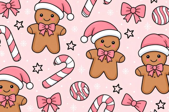 Gingerbread man kawaii Christmas seamless pattern