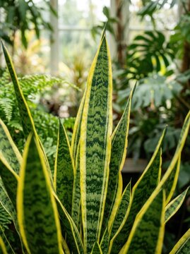 Vibrant Snake Plant Leaves with Yellow Edges in Greenhouse Setting.