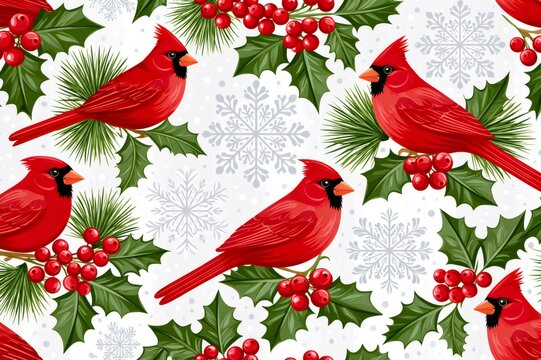 Red cardinals on holly and pine branches with snowflakes