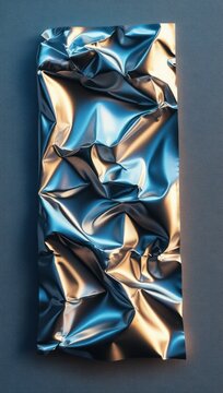 crumpled metallic sheet panel with blue and gold highlights on a dark textured background, reflective abstract surface conveying tension and sleek futuristic elegance