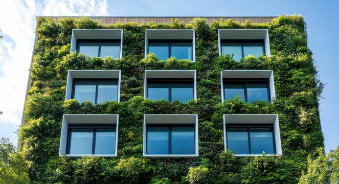 modern building facade with nine square recessed windows surrounded by a lush living green wall under a bright blue sky, conveying a serene eco-friendly urban feel