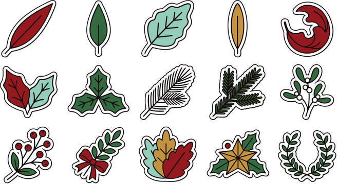 Set of hand drawn artistic leaves and botanical elements designed as a colorful sticker emoji collection