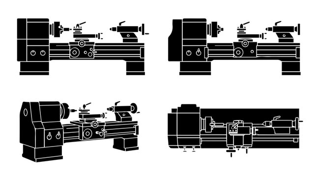 Minimalist Industrial Metal Lathe Icons Set in Black Silhouette