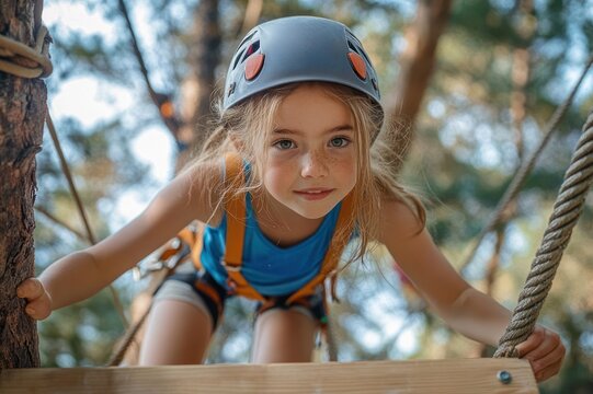 young child in helmet and safety harness climbing a wooden rope course platform between trees, focused and determined during outdoor adventure