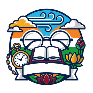 Flat vector illustration of an open book with sunrise motif for Gandhi Jayanti collection