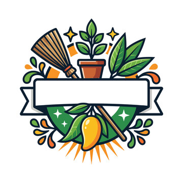 Modern flat vector emblem with plants tools banner collection for Gandhi Jayanti