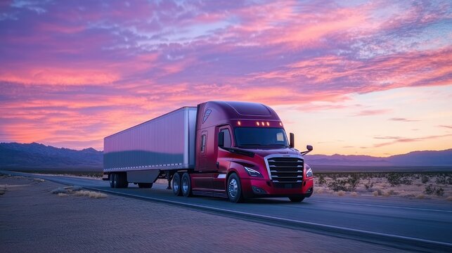 red semi truck with long trailer cruising on an empty desert highway under a dramatic pink and purple sunset sky with distant mountains, evoking calm solitude and freedom