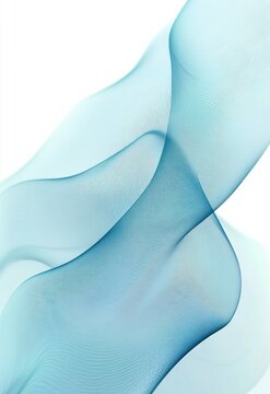 translucent teal ribbons and fine mesh lines flowing across a white background, evoking calm and serene movement