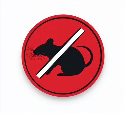 red circular prohibition sign with black rat silhouette crossed by a diagonal white bar conveying warning and deterrence